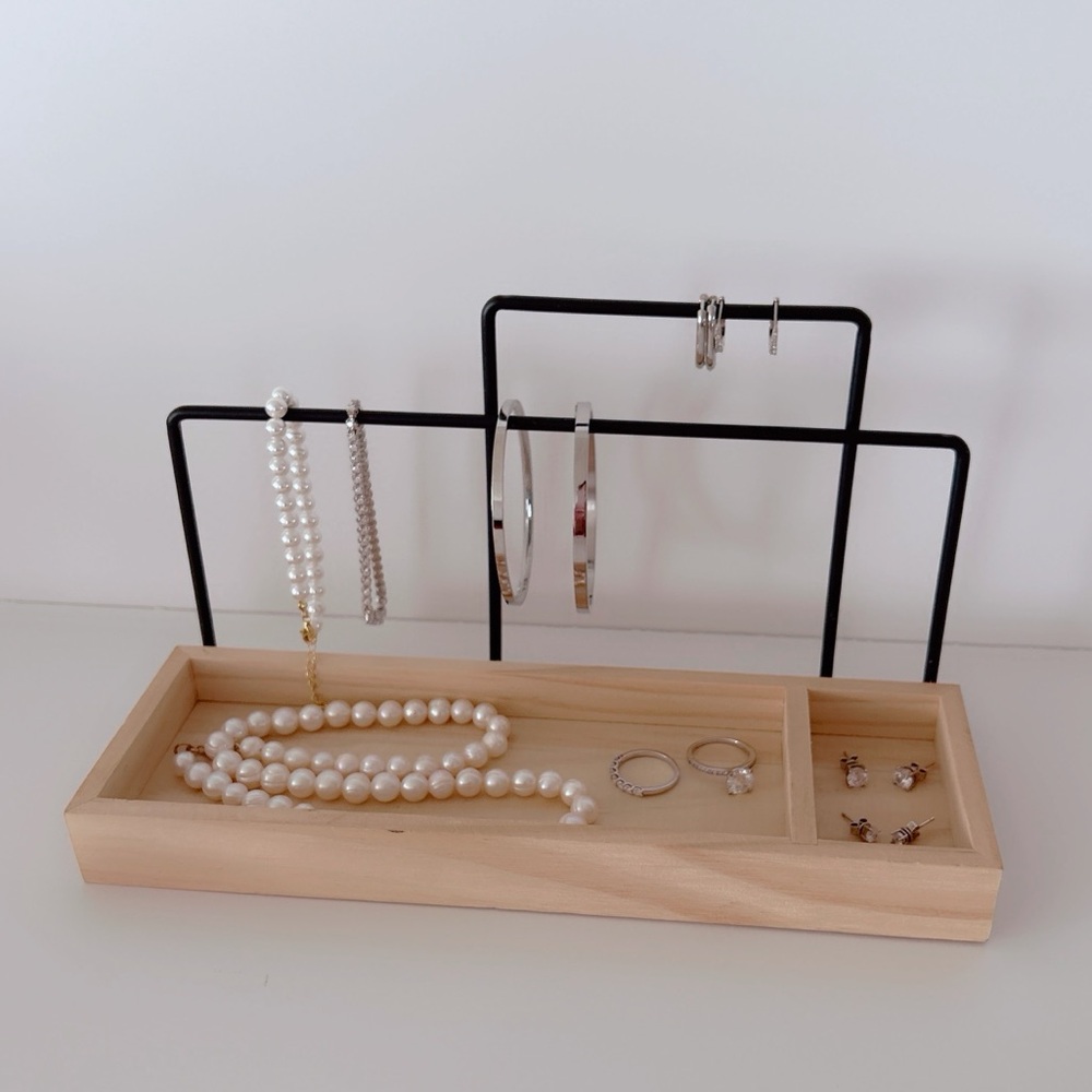 Minimalist Wood & Metal Jewelry Organizer Stand Necklace Bracelet Earring Holder